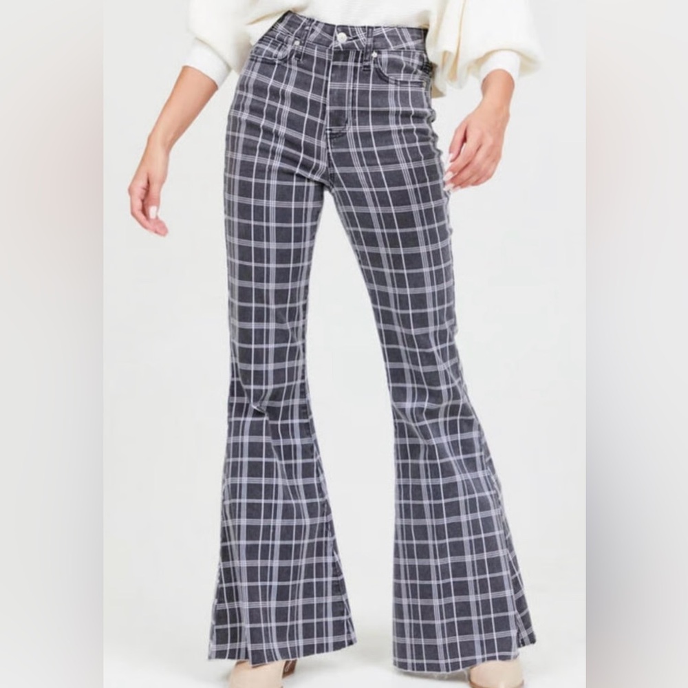 Altar'd State Gray & White Plaid Flare Jeans